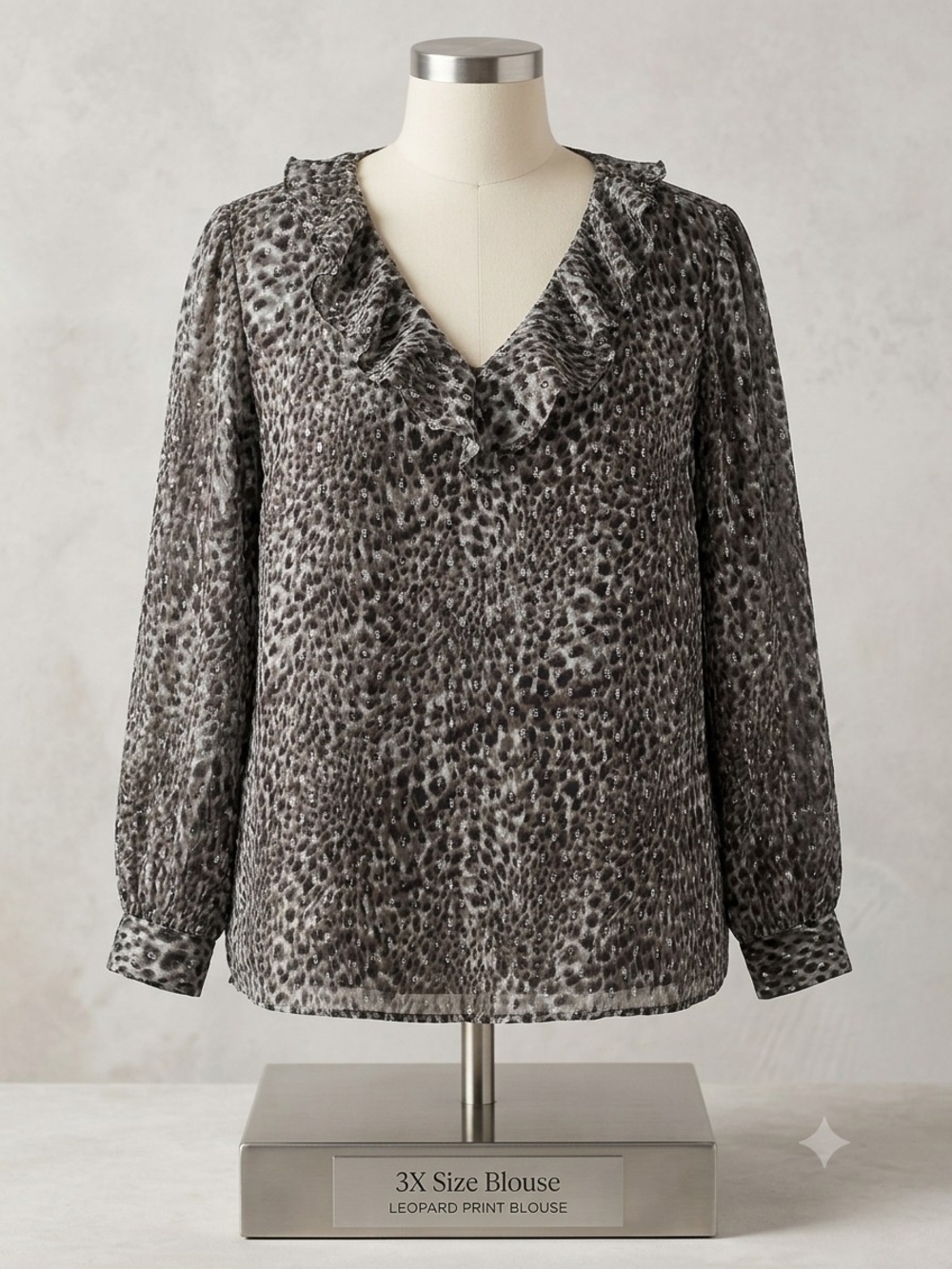 Talbots Plus Metallic Swirly Leopard Print Ruffle V-Neck Blouse Size 3X Grey